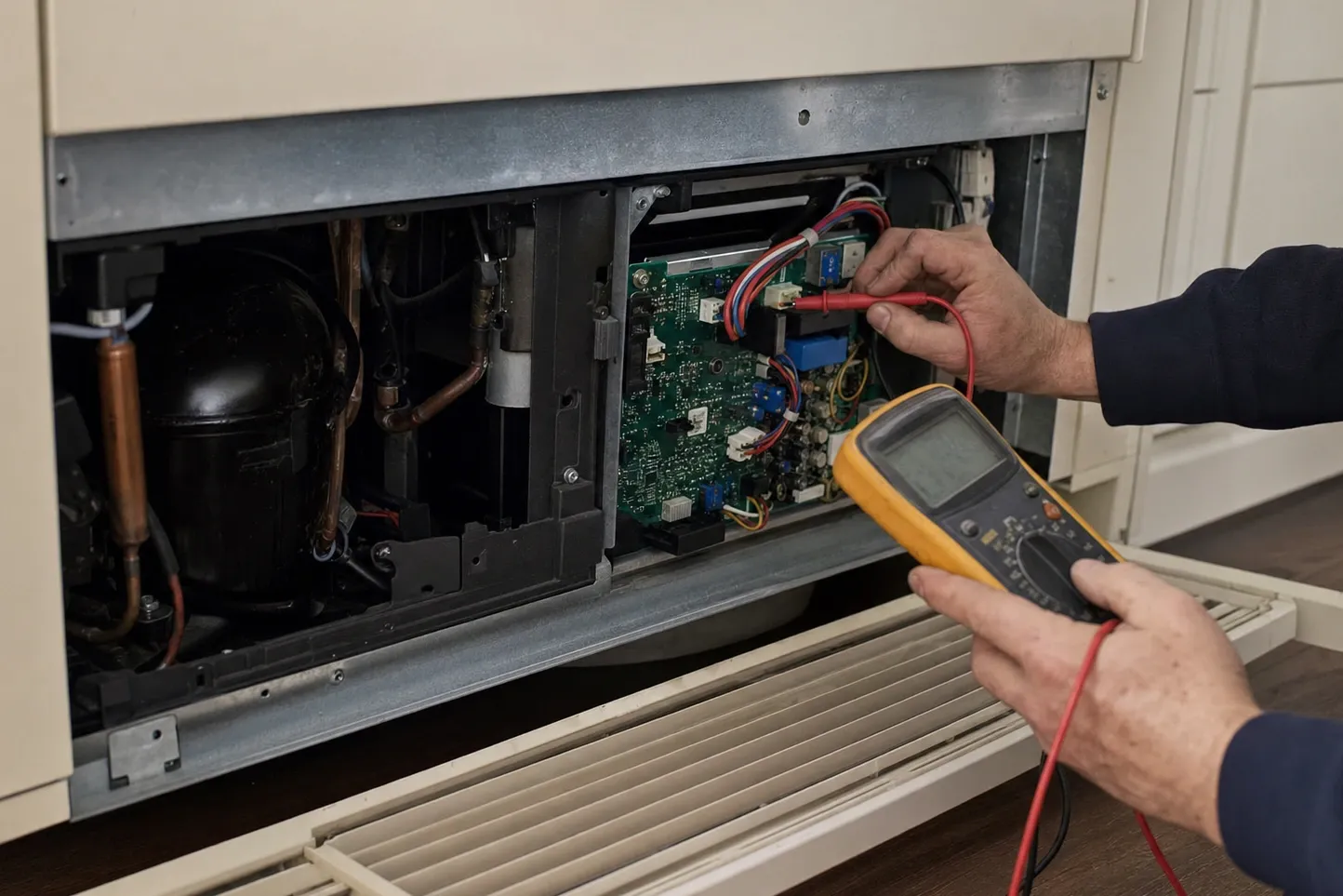 Meter probe on the control board in the open base compartment of a built-in refrigerator, compressor and copper lines beside it
