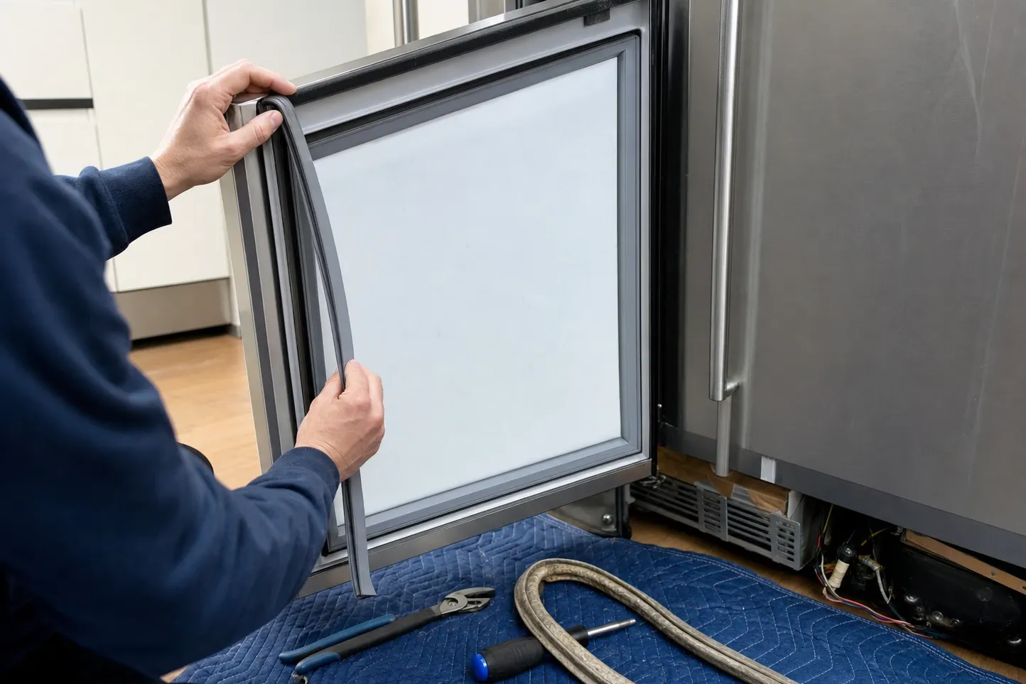 A new grey door gasket held up against the glass door of an undercounter unit, the old gasket coiled on a work blanket