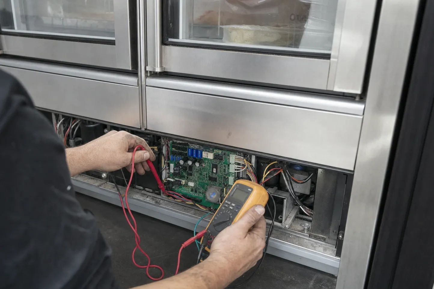 Base panel off a glass-front stainless refrigerated cabinet, meter and probe on the exposed control board and wiring