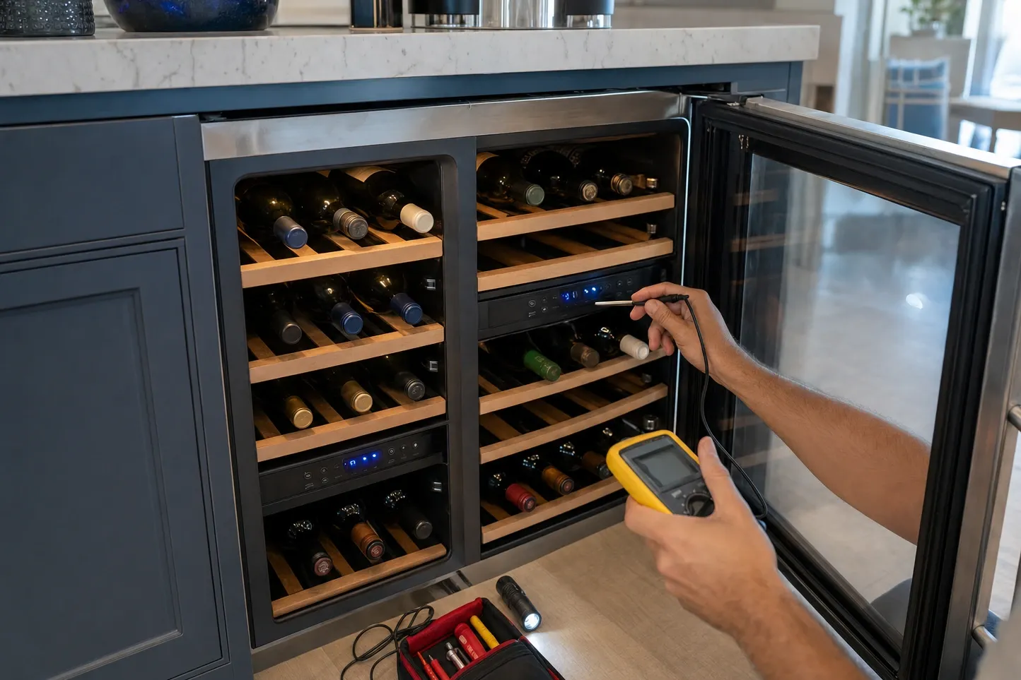 Meter probe held to the lit zone control panel of a dual-zone wine cooler with the glass door open, bottles on wooden racks